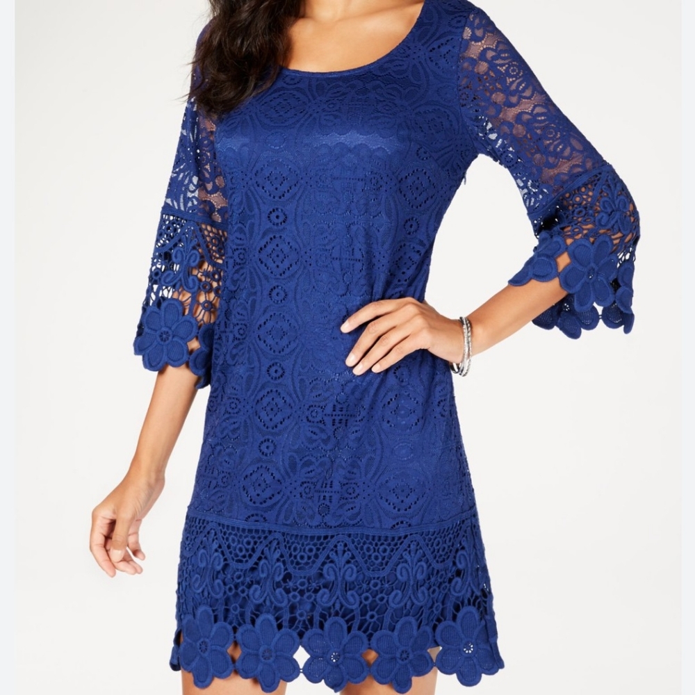 Alfani Petite Size M cobalt blue crochet lace aline lined dress scallop hem Zip